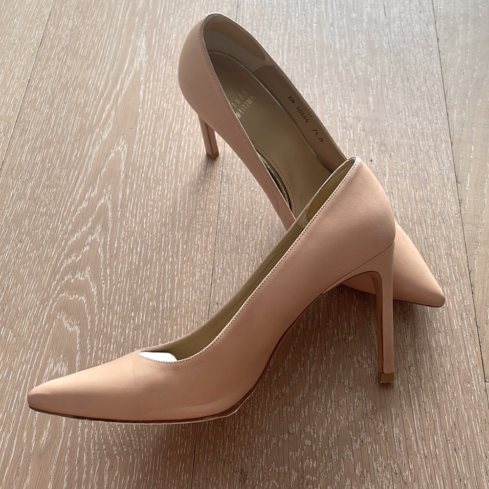 Stuart Weitzman Heist Nude Adobe Kid Pointy Toe Pump Heels